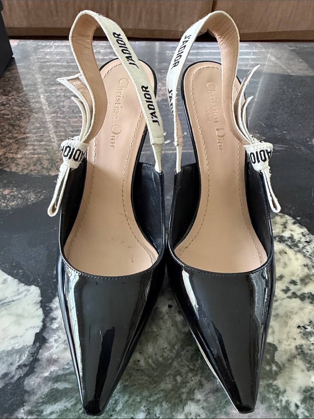 Dior Black Patent Slingback Pumps with J'ADIOR Ribbon
